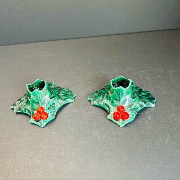 Lefton Pair Of  VTG Green Holly Berry Square Candle Holders - Picture 1 of 5